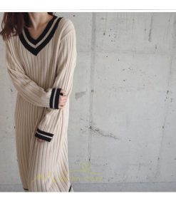 在庫ある | 短納期ロングニットワンピース ロングワンピ カットソー 長袖 トップス Vネック ゆったりセーターニット 体型カバー OL ストレートニットワンピ 通学通勤