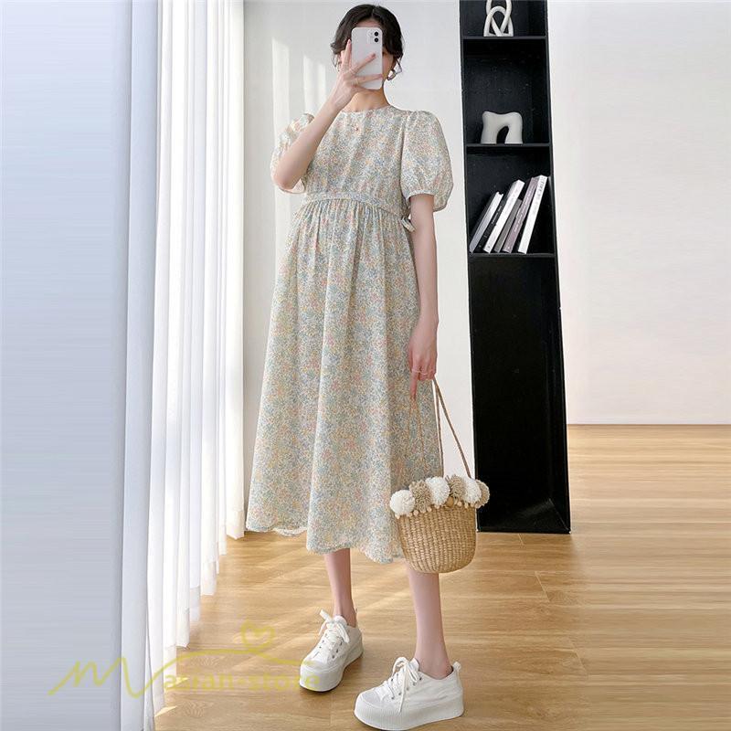 ワンピース | マタニティレディース Aライン 妊婦服 体型カバー 着痩せ マタニティウェア 小花柄 柔らか きれいめ お出かけ マタニティ 夏服 ひざ下丈