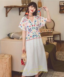 マキシ | ワンピース レディース リゾートワンピ かわいい 半袖 Ｖネック 刺繍 上品 Aライン ロング丈 ロング丈ワンピ エスニック風 結婚式 ファッション 二次会 卒業式