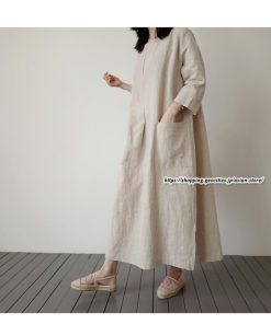 マキシ | ワンピース 長袖 九分丈 綿麻ワンピース ロングワンピース ミモレ丈 無地 ビッグポケット 夏秋物 無地 30代50代 ゆったり 大人 マタニティ ゆるシルエット