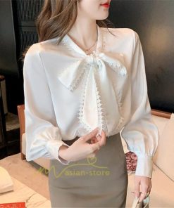 シャツ・ブラウス | ボウタイ リボン ブラウス　シャツ　リボンシャツ レディース 長袖 白 トップス 無地 大人 女性 ビジネス 入学式　卒業式　ママ 着回し 通勤 通学 カジュアル