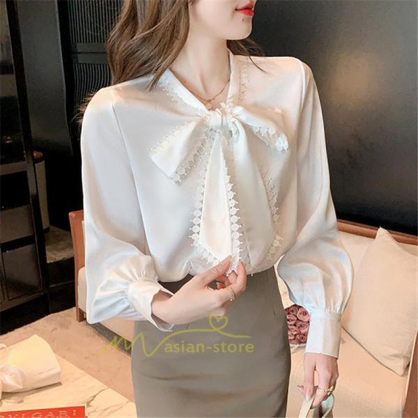 シャツ・ブラウス | ボウタイ リボン ブラウス シャツ リボンシャツ レディース 長袖 白 トップス 無地 大人 女性 ビジネス 入学式 卒業式 ママ 着回し 通勤 通学 カジュアル
