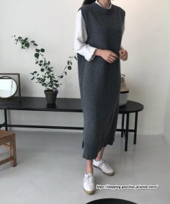 ベスト | ニットベストワンピース ロングレディース ベストワンピース ロングワンピース ニットワンピース ノースリーブ 袖なし サイドスリット入れ 丸首 無地