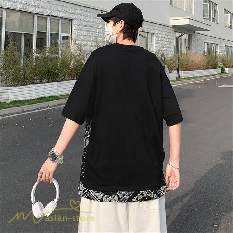 Tシャツ | Tシャツ メンズ 半袖 重ね着風 カジュアル半袖tシャツ 夏新作 メンズスタイル カットソー 上品 切り替え 2XL 大きいサイズ クルーネック 黒 白