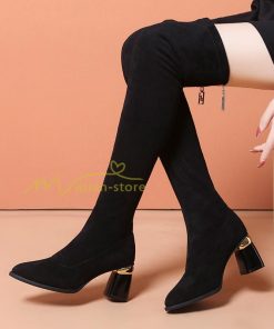 ロングブーツ | ニーハイブーツ スエード調 美脚 秋冬 ストレッチ チャンキーヒール 太ヒール レディース 走れる 黒 美脚 無地 ブーツ ハイヒール