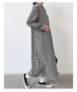 マキシ | 長袖ワンピース チェック柄ワンピース ロングワンピース レディース 秋物 ワンピース 楽チン 綿ワンピース 綿シャツワンピ スタンドカラー ゆったり 大きめ
