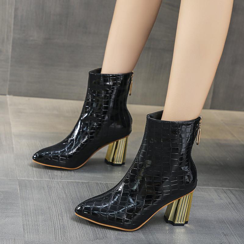 ショートブーツ | 大きいサイズレディース ポインテッドトゥ チャンキーヒール 柄 太ヒール バックファスナー 27cm ミドルヒール シューズ ブーツ 黒ブーツ