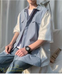 シャツ | ライトアウター メンズ ワイドカジュアル 切り替え トップス ゆったり 5分袖 韓国風 カッコウイイ ゆる夏コーデ オーバーサイズ 大きいサイズ