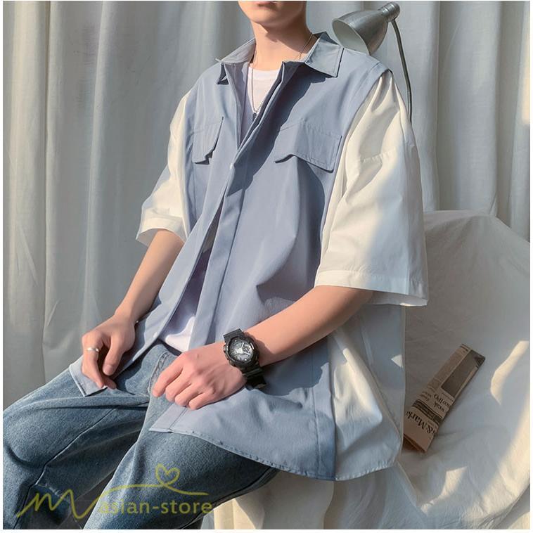 シャツ | ライトアウター メンズ ワイドカジュアル 切り替え トップス ゆったり 5分袖 韓国風 カッコウイイ ゆる夏コーデ オーバーサイズ 大きいサイズ