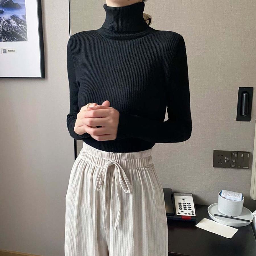 ニット・セーター | リブ ニットトップス タートルネック無地