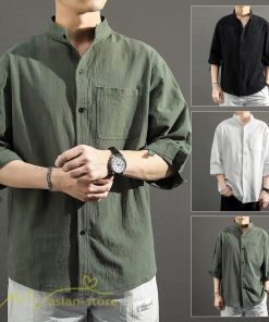 シャツ | 夏メンズ 麻 綿 カジュル 7分丈 カッコイイ ワイドゆったり 夏コーデ 新作 サマー風 スタンドカラー 日常感 無地 5XL ボタン 上品 大きいサイズ