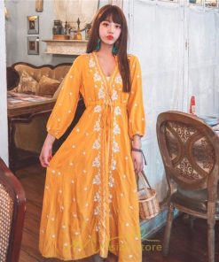 マキシ | ワンピース 七分袖 春夏秋 ロング丈 コットン 大人可愛い  ゆったり 柔らかい シンプル カジュアル ナチュラル 旅行 Aライン エスニック 着痩せ 刺繍 リゾート