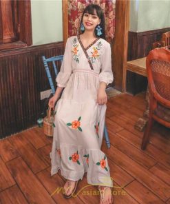 マキシ | ワンピース レディース 長袖 きれいめ ロング丈 マキシ丈 大人 リラックス 花柄 Aライン 着痩せ ハイウエスト リゾート 旅行 Vネック 体型カバー フェミニン