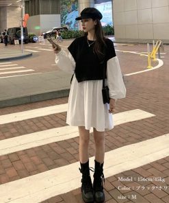 シャツワンピース | 長袖ワンピース おしゃれ チュニックワンピ 白 ベストレイヤード風 レディース アシンメトリー きれいめ