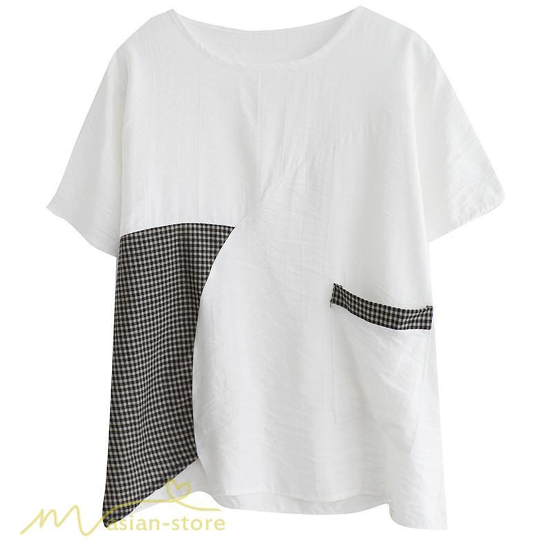 tシャツ・カットソー | tシャツ カットソー レディース 切り替え 女性着 シンプル カジュアル フリーサイズ ゆったり 夏新作 おしゃれ 半袖 チェック柄 黒 半袖tシャツ 丸首 白