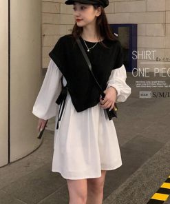 シャツワンピース | 長袖ワンピース おしゃれ チュニックワンピ 白 ベストレイヤード風 レディース アシンメトリー きれいめ