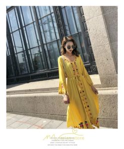 マキシ | ロングワンピース ロング丈 刺繍 ワンピ 民族風 エスニック風 長袖 ゆったり 体型カバー シンプル ナチュラル 花柄 旅行 着痩せ 綿麻 お出かけ　 リゾート