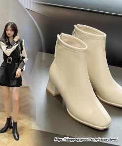 ショートブーツ | レディース 裏起毛なし 裏起毛あり スクエアトゥ ブーツ チャンキーヒール 太ヒール 後ろファスナー 大人 シューズ 通学通勤 靴 ミドルヒール