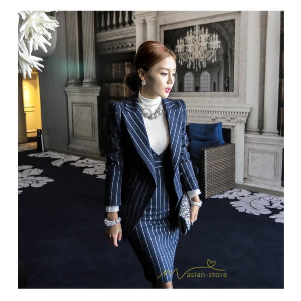 セットアップ | ワンピーススーツ セレモニー スーツ ママ オフィス 通勤用 フォーマル 長袖ジャケット+ノースリーブワンピース レディース 結婚式 ストライプ柄 2点セット