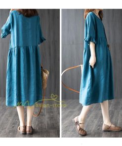 ミディアム | ワンピース レディース 40代 50代 半袖 きれいめ ゆったり ミディ丈 30代 ミディアム丈 綿麻混ワンピース 韓国ファッション 丸首 上品 カジュアル 夏物 お出かけ