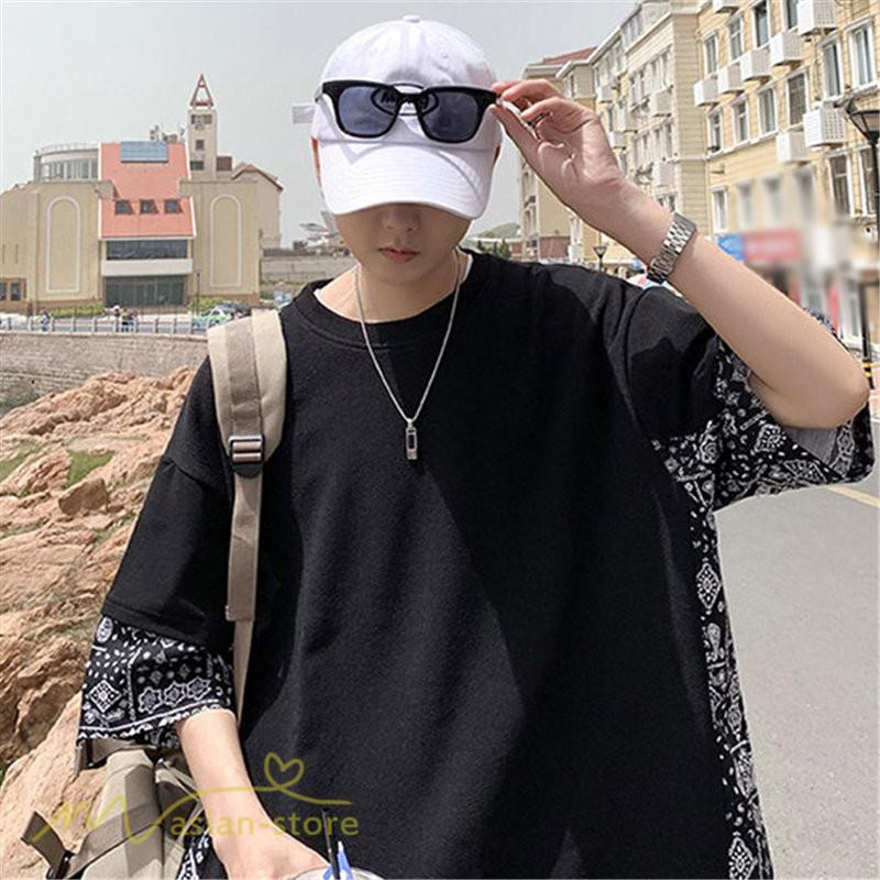 Tシャツ | メンズ 半袖 シンプル 半袖tシャツ クルーネック カジュアル 重ね着風 切り替え カッコウイイ 夏新作 カットソー ゆったり 20代 40代 体型カバー 30代