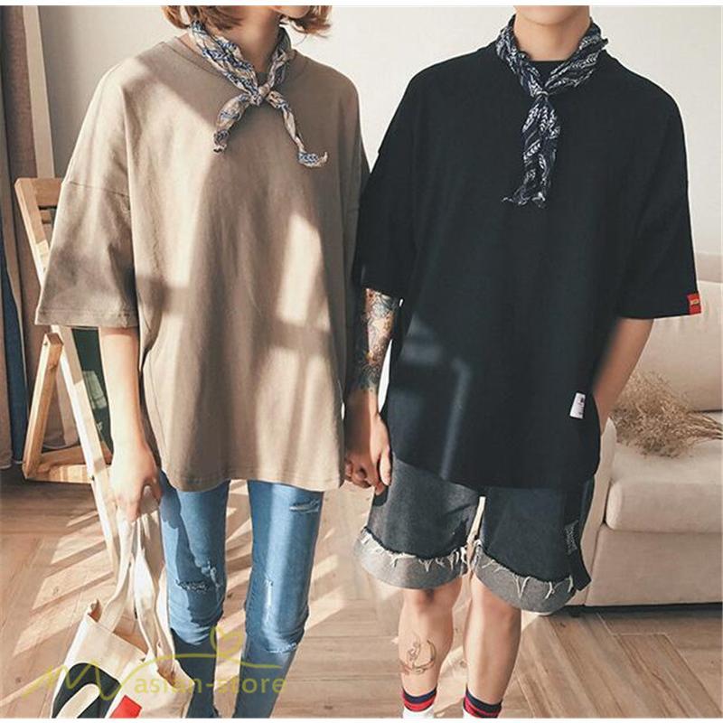 tシャツ・カットソー | Tシャツ カットソー 男女兼用 シンプル ゆったり 夏新作 サマー トップス レディース メンズ クルーネック おしゃれ 4色 黒 ピンク 白 カーキ 大きいサイズ