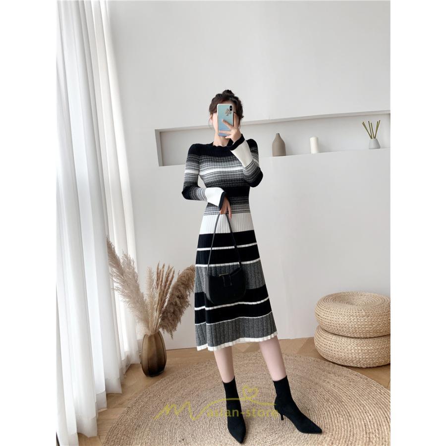 ニットワンピース | ワンピース レディース ニット ワンピース ニット チュニック ロング 長袖 着痩せ 秋冬 送料無料 ボーダー柄 2022新作 韓国風 秋冬コーデ 大人可愛い