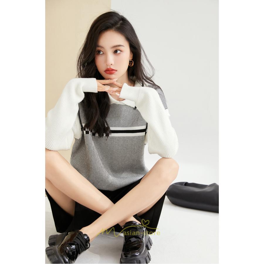 ニット・セーター | ニット レディース トップス 秋冬 セーター 長袖 秋服コーデ 切り替え ボーダー柄 ストライプ あったか 暖か 2022新作 通学 定番 かわいい 通勤 オシャレ