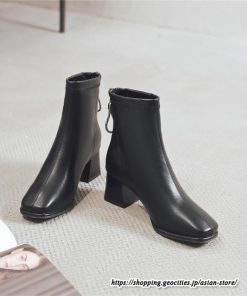 ショートブーツ | レディース 春秋ブーツ スクエアトゥ ブーツ チャンキーヒール 太ヒール 後ろファスナー 靴 通学通勤 シューズ 大人 黒ブーツ ミドルヒール