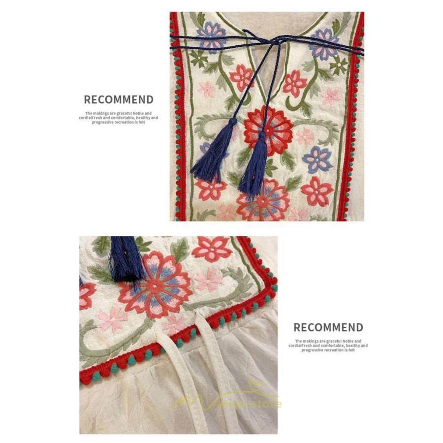 マキシ | ワンピース レディース 刺繍 綿麻 レトロ調 インスタ映え ナチュラル エスニック風 民族風 ボヘミアン 柔らかい SNS映え リゾート 赤 黄色 撮影 白