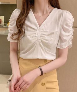 シャツ・ブラウス | シャツ ブラウス レディース バルーンスリーブ 半袖ブラウス Vネック トップス ファッション 無地 シャーリング サマー 通学 通勤 着痩せ 着回し 2020夏新作
