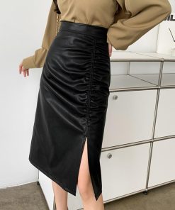 ひざ丈スカート | フェイクレザー タイトスカート スリット