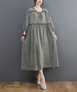 マキシ | ワンピース レディース Vネック 7分袖 秋 ロングワンピース フリーサイズ 花柄 40代 50代 大人 レトロ風 ゆるワンピース カジュアル 秋コーデ 30代 大人 20代