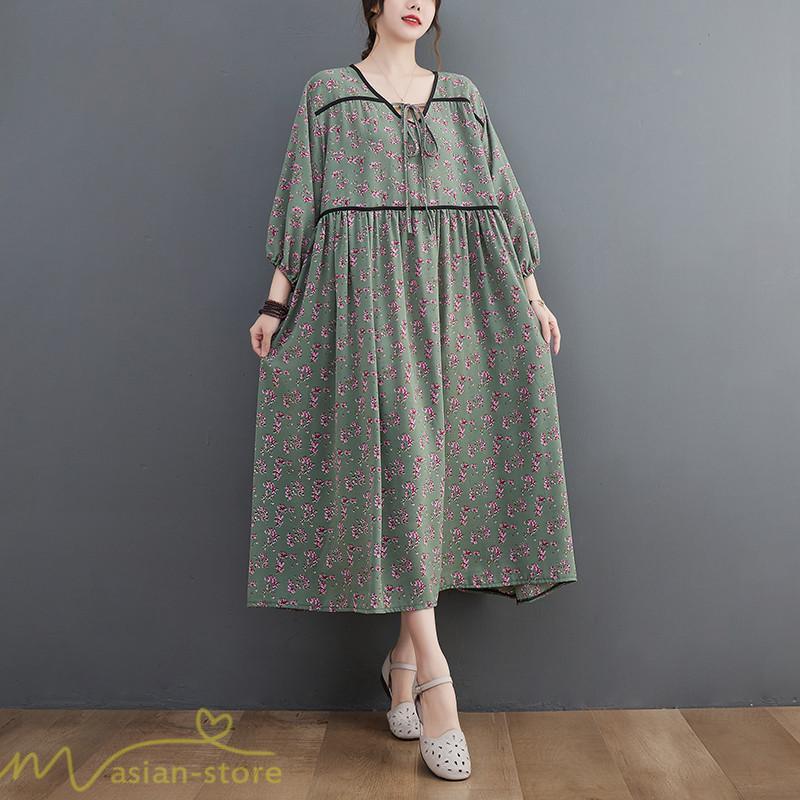 マキシ | ワンピース レディース Vネック 7分袖 秋 ロングワンピース フリーサイズ 花柄 40代 50代 大人 レトロ風 ゆるワンピース カジュアル 秋コーデ 30代 大人 20代
