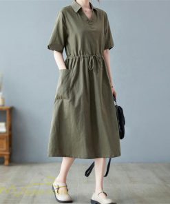マキシ | ワンピース ゆるワンピース 無地 シャツワンピース ネック 麻混 ひざ丈 ウエスト紐 カジュアル ポケット 体型カバー ゆったり 30代 50代 夏物 40代 シンプル