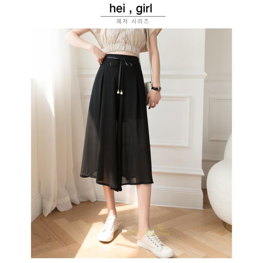 ワイドパンツ | ガウチョパンツ 無地 レディース ボトムス ハイウエスト ゆったり パンツ シフォンパンツ 涼しい 夏新作 さらさら カジュアル 30代40代 体型カバー