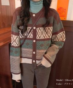ニット・セーター | 幾何学柄カーディガン配色切替え韓国風