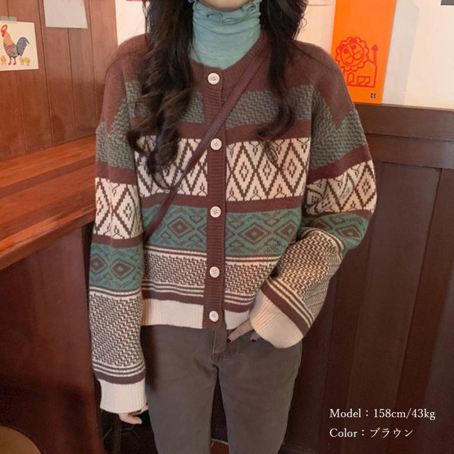 ニット・セーター | 幾何学柄カーディガン配色切替え韓国風