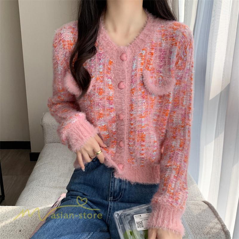カーディガン | 2022秋冬ニットショート丈 アウター レディース ニット セーター 長袖 羽織り フロントボタン 通学通勤 ピンク 20代40代 トップス 可愛い
