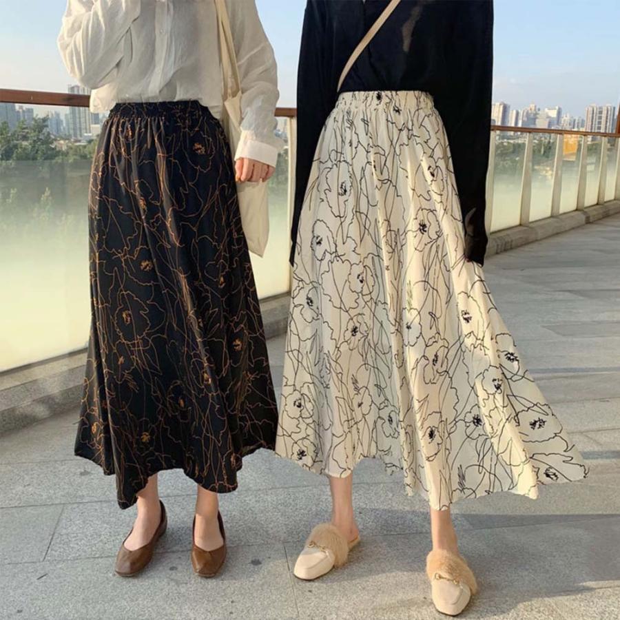マキシスカート | 柄 ロングスカート 春 ウエストゴム スカート ミモレ丈スカート