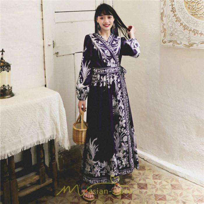 マキシ | マキシワンピース ロングワンピース レディース 夏 秋 長袖 紺 ゆったり Aライン 花柄プリント きれいめ リゾート 大人 20代 母 40代 同窓会 二次会 ママ 30代