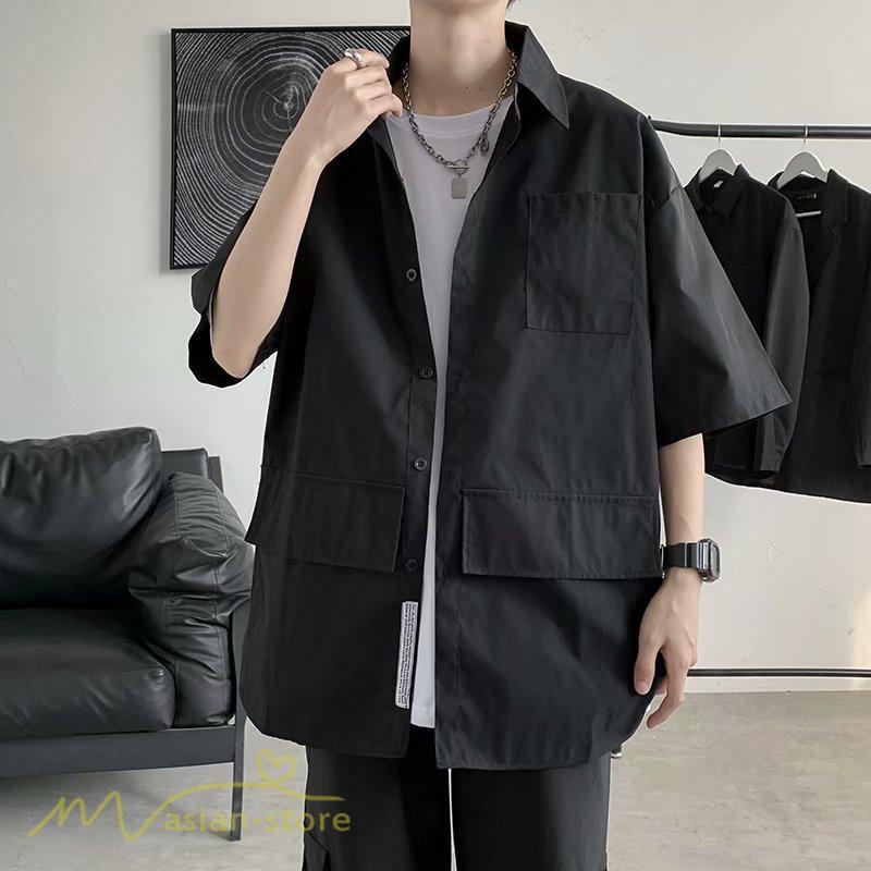 シャツ | メンズ 半袖 トップス ワイドTゆったり 無地 ライトアウター 着回し 夏新作 コーデ 白黒細身 通勤通学 XXL 日常感 大きいサイズ