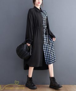 シャツワンピース | ワンピース 長袖 秋 新作 チェック柄 ゆったり 切り替え フリーサイズ ウエストリボン 体型カバー シンプル 大人 バルーンスリーブ 前開き