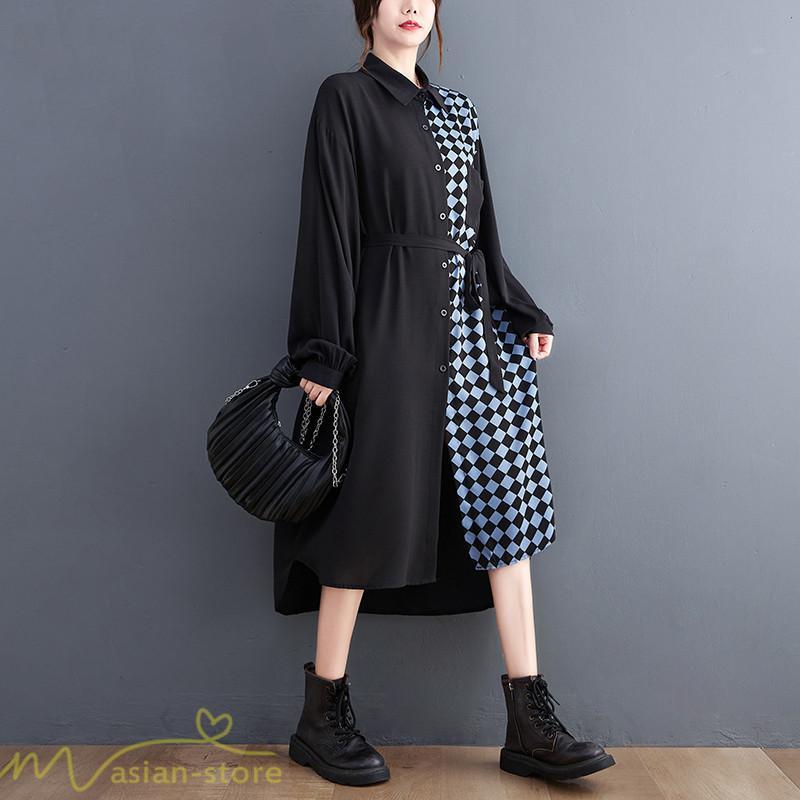 シャツワンピース | ワンピース 長袖 秋 新作 チェック柄 ゆったり 切り替え フリーサイズ ウエストリボン 体型カバー シンプル 大人 バルーンスリーブ 前開き