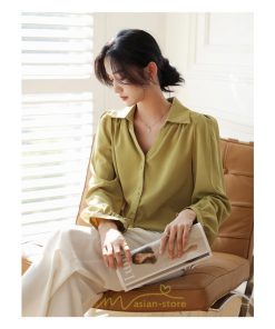 シャツ・ブラウス | ブラウス レディース シャツ トップス Vネック 長袖シャツ 無地 オフィス カジュアル おしゃれ 秋 冬 コーデ 高級感 シフォン エレガント 緑 白 通勤