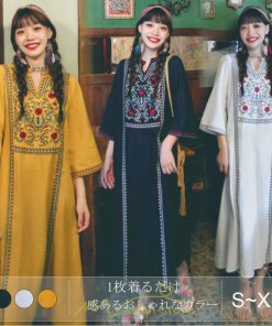 マキシ | 七分袖 ワンピース 綿麻ワンピース ロングワンピース レディース 夏秋 Aライン ゆったり 体型カバー おしゃれ きれいめ 休み 旅行 お出かけ 上品 刺繍 リゾート