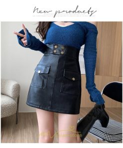 スカート | ミニレディース レザー タイトハイウエスト ポケット インナーパンツ付き ハイウエスト 韓国ファッション フェイクレザー