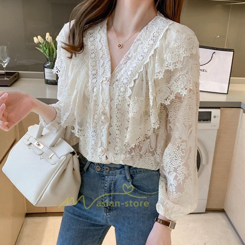 シャツ・ブラウス | ブラウス レディース きれいめ 40代 春秋 オシャレ 長袖 ブラウス レーストップス 夏物 Vネック 20代30代 着痩せ 通勤通学 着回し カジュアル 韓国ファッション