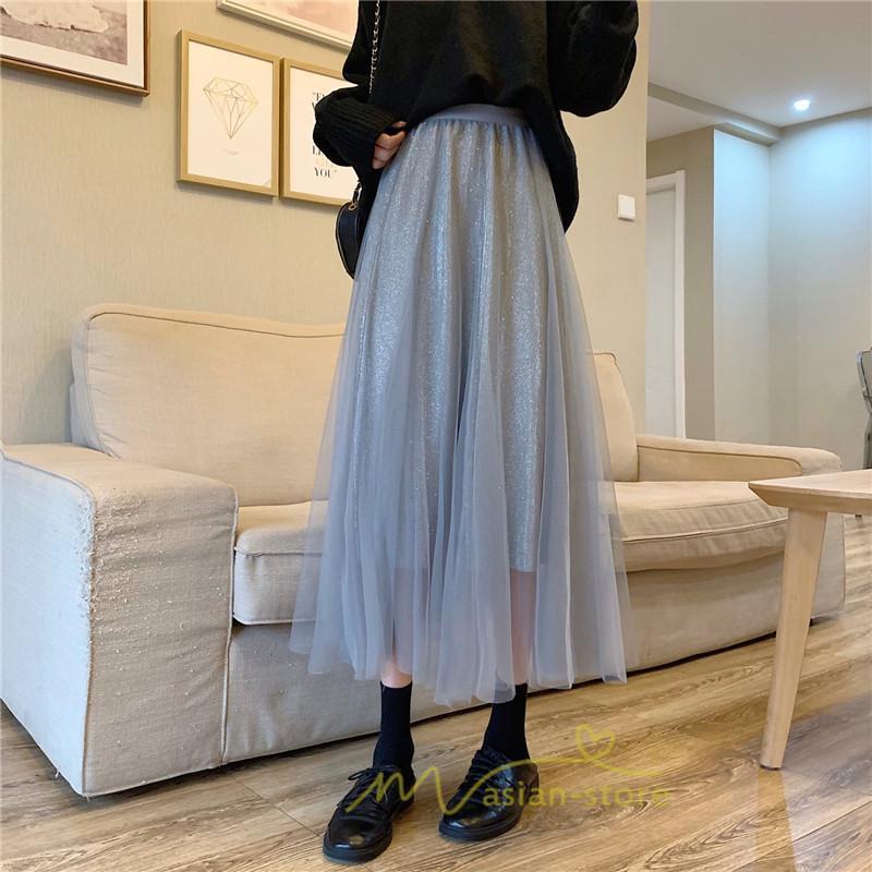 スカート | チュール秋冬 チュールフレアロングキラキラ ふんわり ウエストゴム レディース Aラインミモレ丈可愛 キレイめ ボトムス