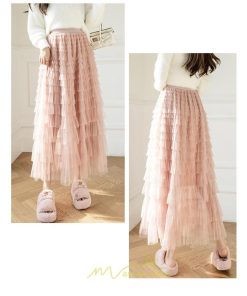 スカート | ロングレディース ティアードチュールプリーツおしゃれ 無地 可愛い カジュアル 韓国風 20代 40代 50代 30代